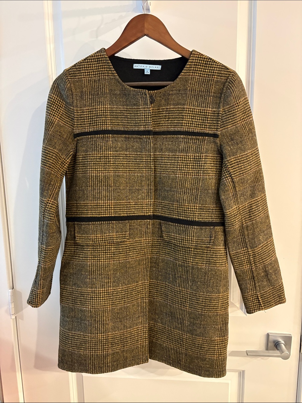 ANTONIO MELANI Olive and Black Plaid Long Sleeve Coat Dress